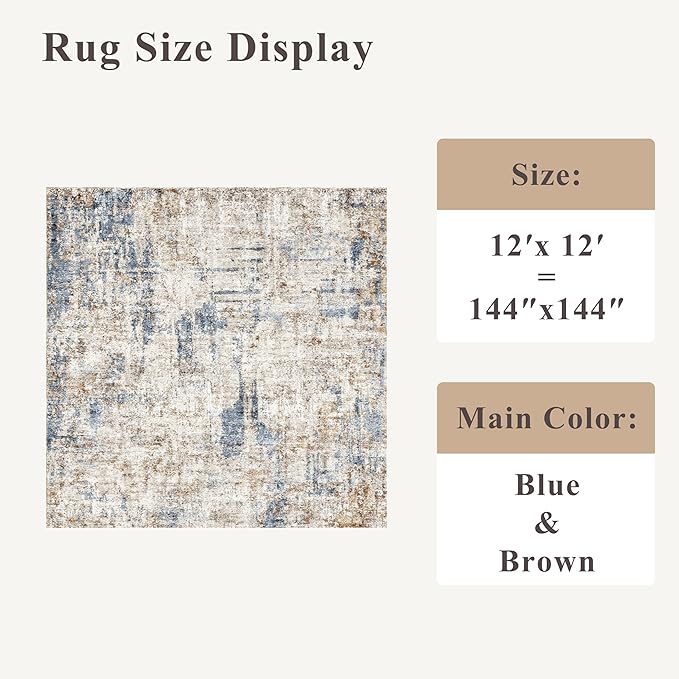 12x12ft Square Living Room Rug – Non-Slip Washable Extra Large Floor Carpet for Bedroom, Dining Room, Playroom Room – Modern Abstract Neutral Thin Low-Pile Oversized Indoor Rug (Blue Brown)