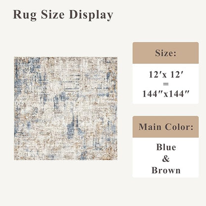 12x12ft Square Living Room Rug – Non-Slip Washable Extra Large Floor Carpet for Bedroom, Dining Room, Playroom Room – Modern Abstract Neutral Thin Low-Pile Oversized Indoor Rug (Blue Brown)