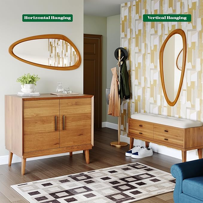Asymmetrical Wall Mirror, 23x36 Inch Mid Century Modern Mirror, Irregular Wall Mirrors with Pine Wooden Frame for Living Room Bedroom Bathroom Entryway Hangs Horizontally or Vertically