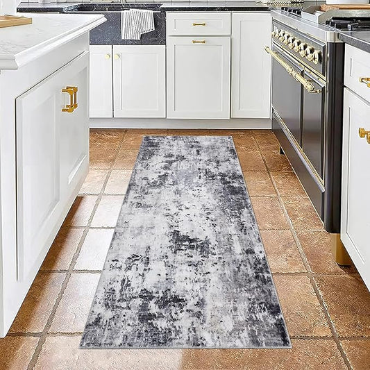 ROYHOME Modern Abstract 2x7 Runner Rug Washable Non Slip Stain Resistant Rug for Hallway Kitchen Bedroom Non Shedding Low Pile Indoor Floor Cover,Grey