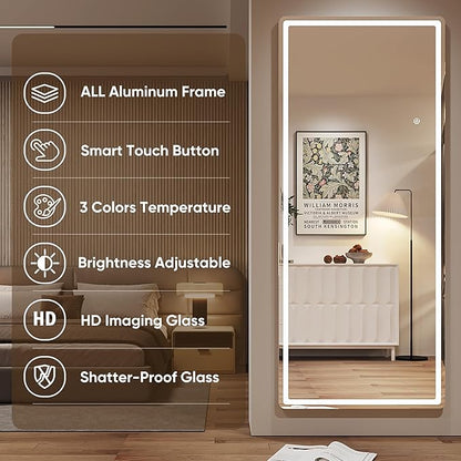 Antok LED Full Length Mirror with Light, 71"x28" Lighted Full Body Mirror with Stand, Dimmable & 3 Color Lighting Standing/Leaning/Wall Mounted Vanity Mirror for Bedroom Cloakroom Livingroom(Rect)