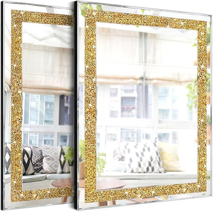 ZOLAPI 2PCS Crystal Rhinestone Diamond Wall Mirror.Brilliant Hand-Spliced Glass Mirror.Gold Accent Decorative Mirror for Hallway/Bathroom/Bedroom（11”x15”）