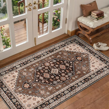Tangsoo Vintage 2x4 Washable Rug for Entryway,Non Slip Kitchen Rugs Brown Beige Indoor Front Door Rug Small Soft Throw Mat Low Pile Carpet for Porch Kitchen Bedroom Entrance Bathroom