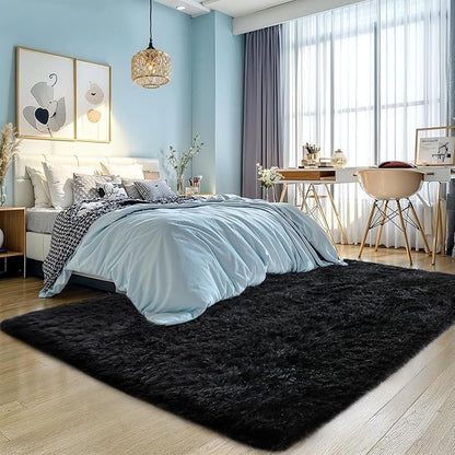 KICHOWUA Thick Area Rug Black Fluffy Shag 6x9 for Bedroom, Ultra Soft Plush Shaggy Fuzzy Washable Carpet, Modern Thickened Non-Slip Cozy Furry Rug for Living Room Kids Baby Nursery, and Dorm