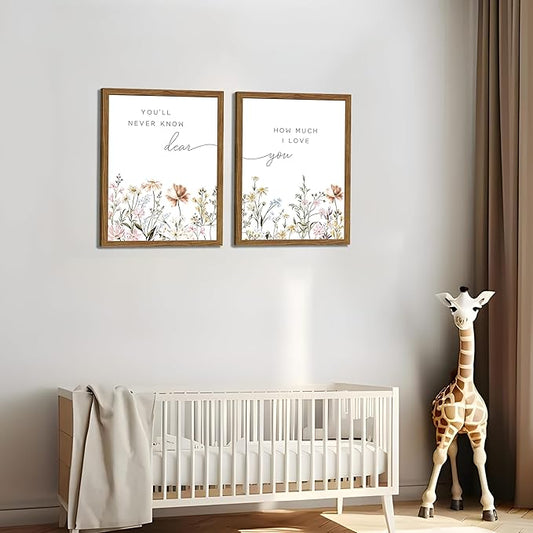 Wood Framed Wildflower Nursery Wall Art Set of 2, Boho Flower Botanical Wall Decor Paintings, Baby Girl Nurseries Pictures Posters Prints for Nursery Baby Room Bedroom Home Decoration 16x24 Inch