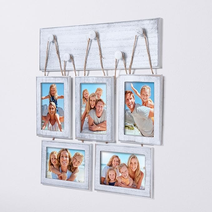 4x6 Picture Frames Collage for Wall Set of 5, Rustic Farmhouse Distressed Solid Wood Photo Frames, White Vintage Wooden Frames for Wall & Tabletop Display, Gallery Wall Decor for Living Room Bedroom
