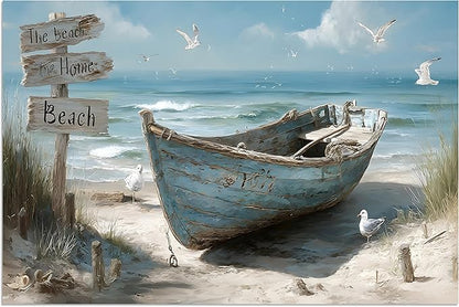 TutuBeer 1 Panel Coastal Bathroom Canvas Wall Art Nautical Boat on Beach Canvas Picture Ocean Seagull Seascape Prints for Wall Sea Bird Farmhouse Artwork for Bedroom Living Room Decor 30"x40"