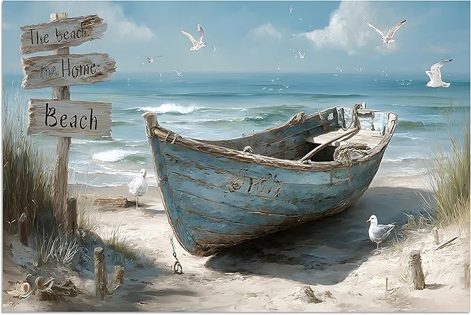 TutuBeer 1 Panel Coastal Bathroom Canvas Wall Art Nautical Boat on Beach Canvas Picture Ocean Seagull Seascape Prints for Wall Sea Bird Farmhouse Artwork for Bedroom Living Room Decor 16"x24"