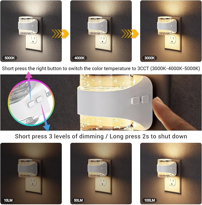 JandCase LED Night Light, Bubble Night Lights Plug into Wall, [2 Pack] Night Light 3000K/4000K/5000K & 3 Brightness Levels, Dimmable Nightlight with Dusk to Dawn Sensor for Bathroom Hallway Bedroom