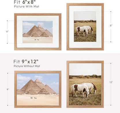 9x12 Wood Frame, Solid Oak 9x12 Picture Frame with Mat to 6x8, Natural Oak 12x9 Frames, Set of 3