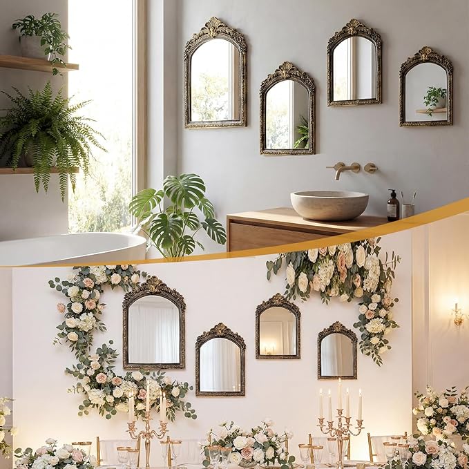 Thyle 4 Pcs Vintage Mirror Set Gold Antique Makeup Mirror Arch Retro Resin Baroque Decorative Wall Square Hanging Desk Tabletop Room Bedroom Bathroom Gallery (13x9 10x7 8x5 7x4)(Dark Color)