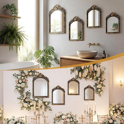Thyle 4 Pcs Vintage Mirror Set Gold Antique Makeup Mirror Arch Retro Resin Baroque Decorative Wall Square Hanging Desk Tabletop Room Bedroom Bathroom Gallery (13x9 10x7 8x5 7x4)(Dark Color)
