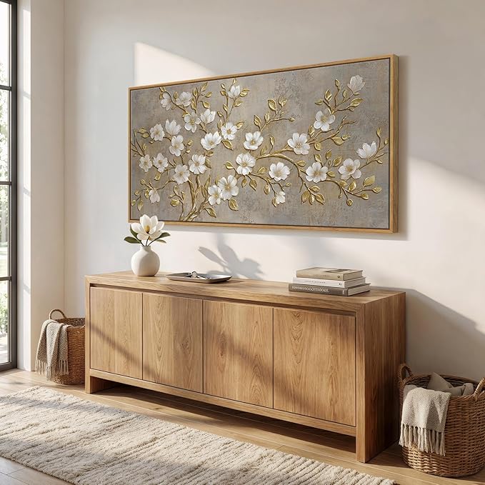 Large Framed Neutral Botanical Wall Art for Living Room, Rustic Elegant Magnolia Floral Canvas Prints Paintings, White Flower with Gold Branches Pictures for Dining Room Office Wall Decor, 60x30 Inch