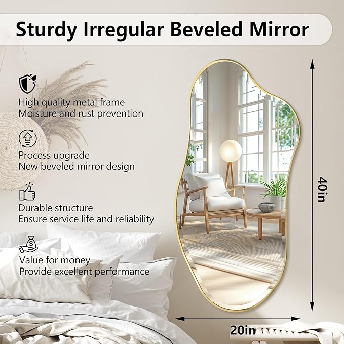 POZINO Irregular Beveled Mirror, 40"x20" Premium Asymmetrical Mirror with Gold Metal Frame, Modern Organic Shaped Mirrors for Living Room Bathroom Bedroom Hallway Entryway, Horizontal/Vertical Hanging