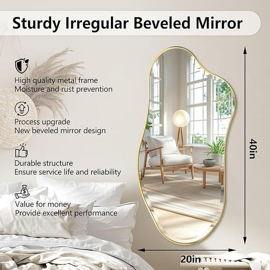 POZINO Irregular Beveled Mirror, 40"x20" Premium Asymmetrical Mirror with Gold Metal Frame, Modern Organic Shaped Mirrors for Living Room Bathroom Bedroom Hallway Entryway, Horizontal/Vertical Hanging