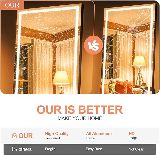 95" x 40" Full Length Mirror with Lights, Large LED Lighted Floor Standing Body Mirror, Dimmable & 3 Color Lighting for Home Gym, Cloakroom, Living Room, Tempered Glass, Black Frame
