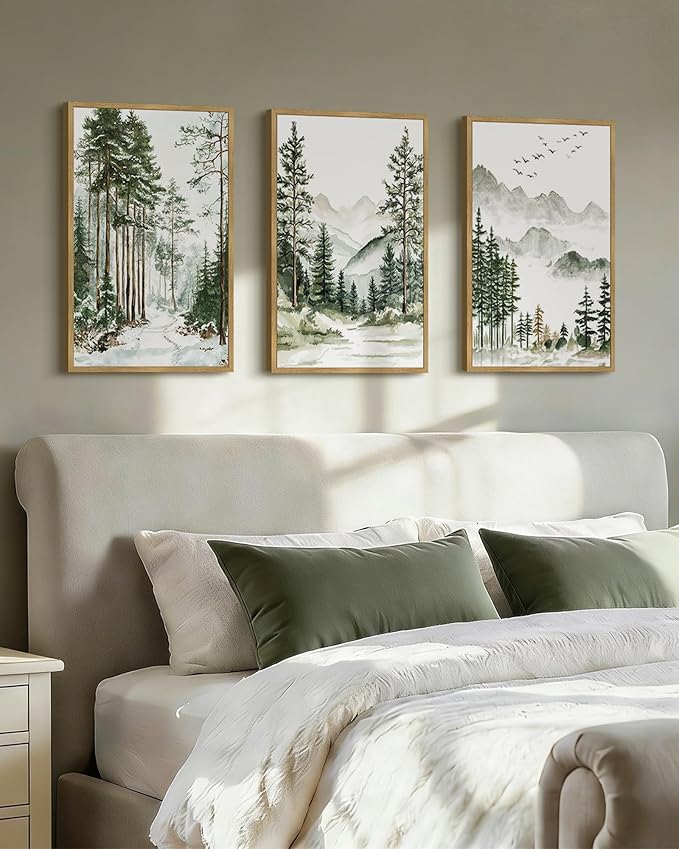 Drsoum Green Tree Forest Framed Wall Art Watercolor Nature Mountain Landscape Prints Morden Wilderness Artwork Bedroom Ready to Hang 16x24in Natural Framed