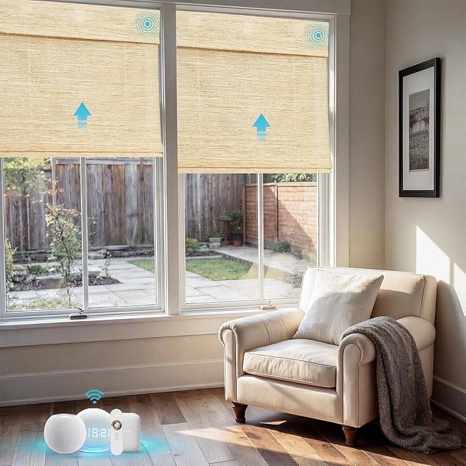 Motorized Bamboo Roman Shades, Motorized Blinds with Remote Compatible with Homekit, Alexa GoogleHome, Smart Wood Woven Shades for Indoor Windows, Customize, Driftland