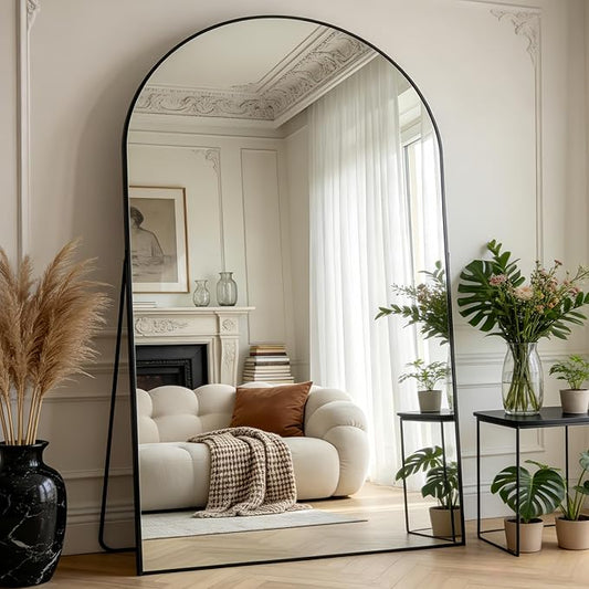 Prywot Full Length Mirror, Oversized 86"x46" Arched-Top Floor Mirrors, Modern Full Body Mirrors with Stand, Wall Mirror with Aluminum Alloy Frame for Bedroom,Living Room, Black