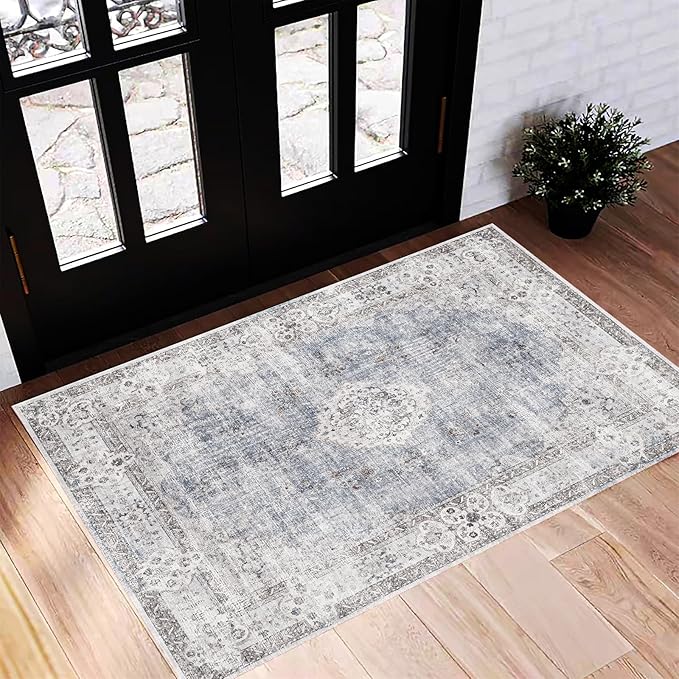 CHAMPLANT Washable Area Rug 2'x3' Door Mat Vintage Distressed Doormat Indoor Entrance Traditional Thin Rug Floral Print Non Slip Carpet for Kitchen Bathroom Bedroom Living Room