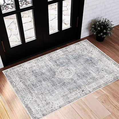 CHAMPLANT Washable Area Rug 2'x3' Door Mat Vintage Distressed Doormat Indoor Entrance Traditional Thin Rug Floral Print Non Slip Carpet for Kitchen Bathroom Bedroom Living Room