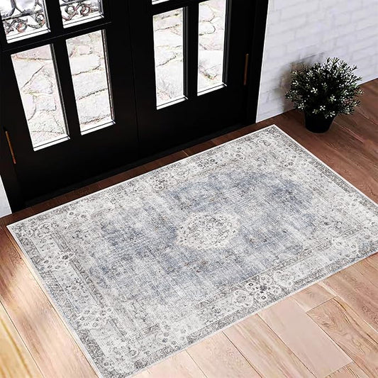 CHAMPLANT Washable Area Rug 2'x3' Door Mat Vintage Distressed Doormat Indoor Entrance Traditional Thin Rug Floral Print Non Slip Carpet for Kitchen Bathroom Bedroom Living Room
