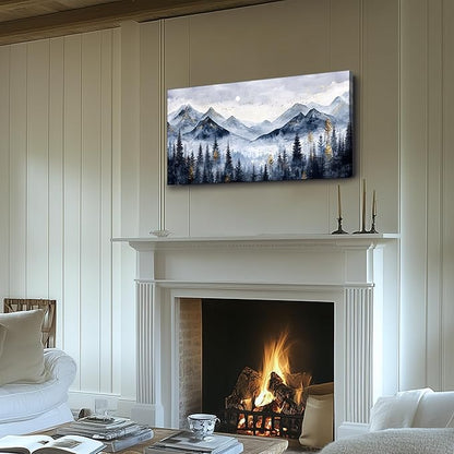 SERIMINO Mountain Landscape Large Wall Art, Misty Forest Canvas Prints, Blue Gold Watercolor Pine Tree Paintings Wall Decor Living Room Bedroom, Natural Scenery Office Decor Pictures 29"X57"