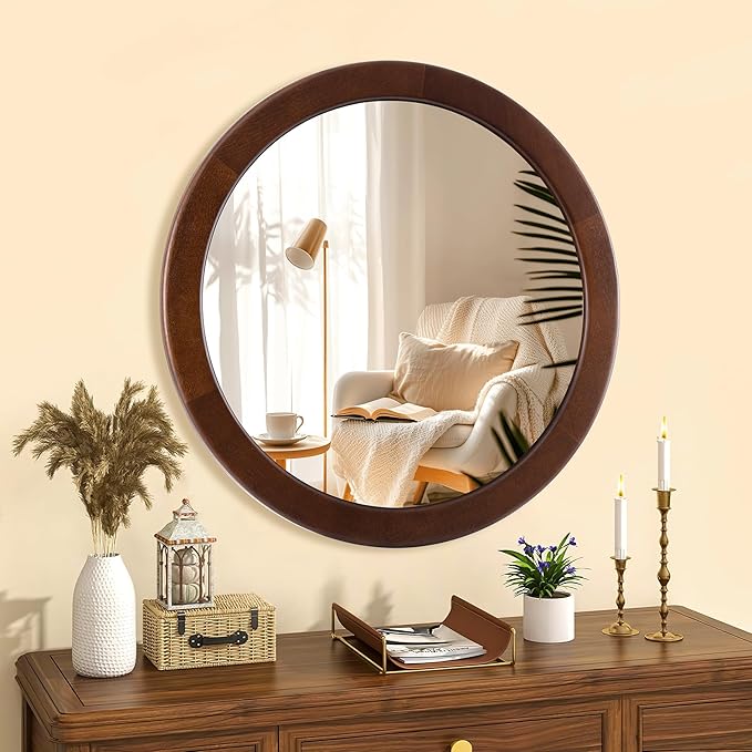 CULER Round Wood Mirror 24 Inch,Circle Mirror with Walnut Frame for Wall,Rustic Decorative Round Wall Mirror for Bathroom Bedroom Entryway（Walnut Brown）