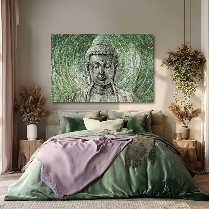 ZENPEE Large Green Buddha Wall Art 32x48 Inch, Zen Canvas Wall Art for Living Room Bedroom, Spiritual Meditation Wall Decor, Buddha Print for Home