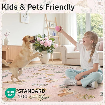 Soalmost Dog 8x10 Pink Area Rugs for Baby Girl Nursery, Washable Animal Floral Vintage Rug Non-Slip Low Pile Soft Throw Rugs for Living Room Dining Room Bedroom Playroom Classroom (8 x 10,Pink)