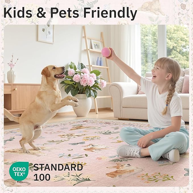 Soalmost Dog 9x12 Pink Area Rugs for Baby Girl Nursery, Washable Animal Floral Vintage Rug Non-Slip Low Pile Soft Throw Rugs for Living Room Dining Room Bedroom Playroom Classroom (9 x 12,Pink)