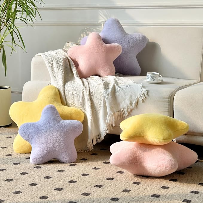 Star Pillow, Decorative Throw Pillows for Bed Couch, 19.6" Star Shaped Pillow Plush Floor Cushions Room Decor Pillow with Soft Faux Rabbit Fur for Sofa Bedroom Living Room