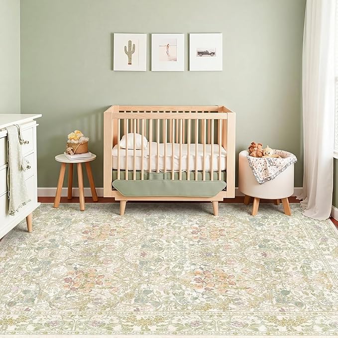 Vintage Washable Sage Green Area Rugs for Bedroom Under Bed, Living Room, Nursery, Kitchen, Entryway, Low Pile Non Slip Stain Resistance Distressed Retro Indoor (Beige Green, 4 x 6)