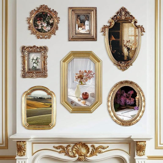 Wonderjune 7 Pcs Vintage Picture Frames Set with Glass Front Antique Gold Gallery Wall Frames 7x9 6x8 5x7 4x6 2x3, Baroque for Home Decor Photography Props Gifts, Wall or Tabletop (Classical)