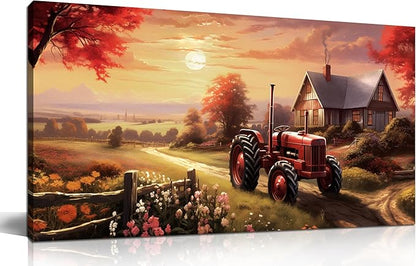 ANCXWOTER Canvas Wall Art Sunset Landscape Canvas Prints Vintage Red Tractor for Living Room Bedroom Office Home Decor Country Farmhouse Artwork 20x40 Inch