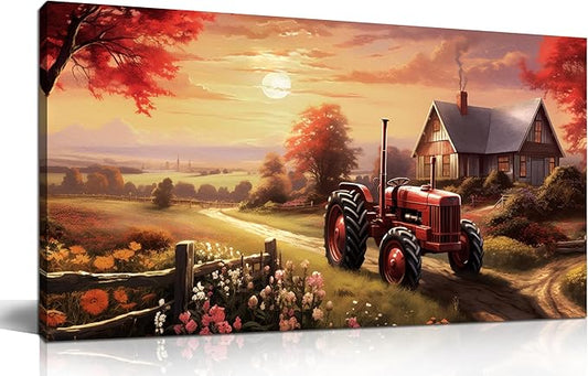 ANCXWOTER Canvas Wall Art Sunset Landscape Canvas Prints Vintage Red Tractor for Living Room Bedroom Office Home Decor Country Farmhouse Artwork 20x40 Inch