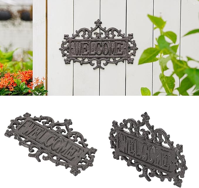 Sungmor Cast Iron Welcome Sign – Vintage Style Decorative Wall Plaque – Ornate Scroll Design for Porch, Entryway, Garden or Fence – Outdoor Wall Hanging Sign, Rustic Metal Home Decor