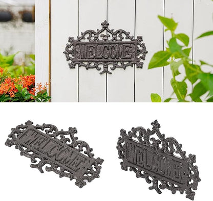 Sungmor Cast Iron Welcome Sign – Vintage Style Decorative Wall Plaque – Ornate Scroll Design for Porch, Entryway, Garden or Fence – Outdoor Wall Hanging Sign, Rustic Metal Home Decor