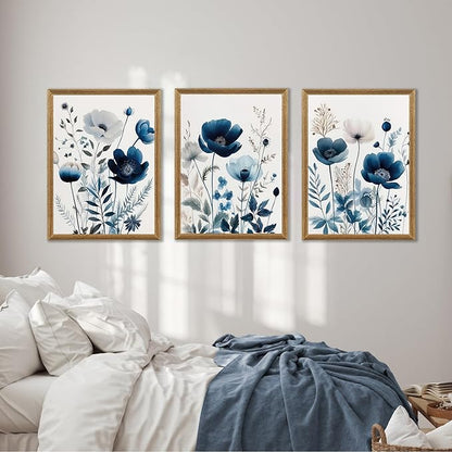 DUWQU 3 Pcs Blue Floral Canvas Wall Art, Wood Framed Navy Blue Wildflower Lily Daisy Wall Decor, Watercolor Botanical Flower Home Poster Art Prints for Living Room Bedroom Bathroom 12×16 Inches