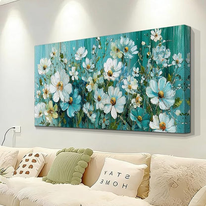 BQVCT White Daisy Floral Wall Art 20x40 Inch Large Gallery Wrapped Canvas Print Turquoise Blue Botanical Painting on Textured Background Ready to Hang for Living Room Bedroom Office Decor