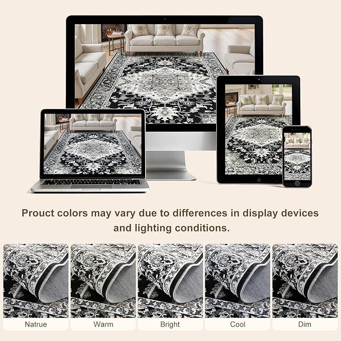 6x9 Washable Area Rugs for Living Room: Non Slip Vintage Black Rug, Large Soft Stain Resistant Indoor Floor Carpets for Bedroom Dining Room Nursery Home Office Kid & Pet Friendly