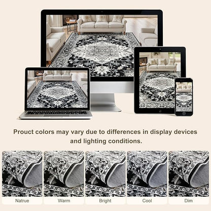 10x14 Washable Area Rugs for Living Room: Non Slip Vintage Black Rug, Large Soft Stain Resistant Indoor Floor Carpets for Bedroom Dining Room Nursery Home Office Kid & Pet Friendly