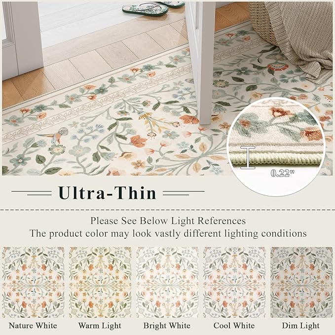 Lahome Floral Washable Area Rug 5x7, Vintage Non Slip Carpet for Living Room Bedroom, Low-Pile Soft Boho Rug for Kids Room Nursery, Machine Washable Home Decor, Beige
