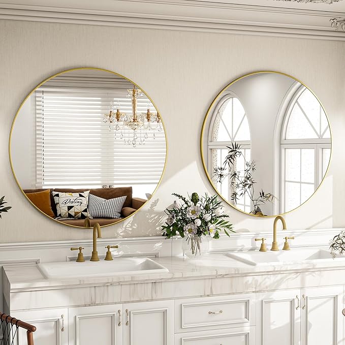 Round Mirror Wall Mounted Mirror - 28" Circle Mirror Bathroom Vanity Mirror with Aluminum Frame for Bedroom Living Room, Entryway Decor Gold Mirror