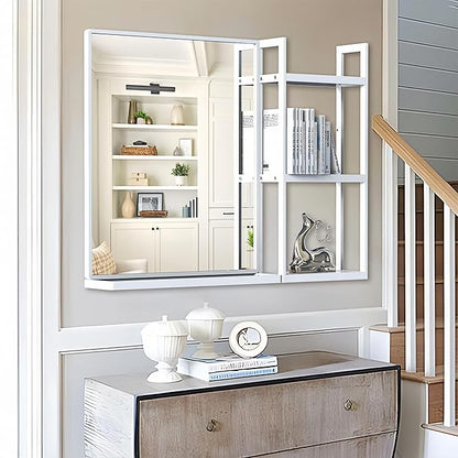 White Metal Framed Bathroom Mirror with Shelf, 24.4 X 31 in Rectangular Wall Mounted Bathroom Vanity Mirror, Modern Bathroom Mirror with Storage for Over Sink, Entryway (White)