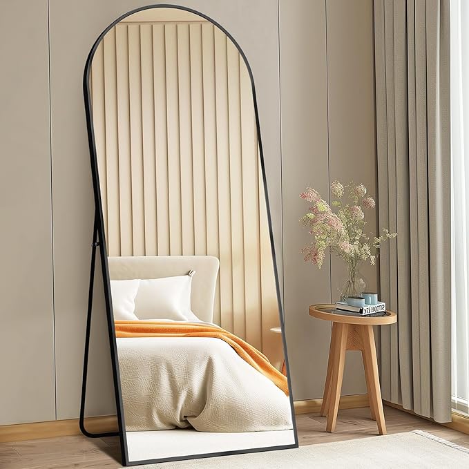 DUMOS 63"x20" Arched Full Length Mirror with Stand Floor Free Standing Aluminum Frame for Bedroom Body Hanging Leaning Modern Simple Home Decor Shatter-proorf Nano Glass Wall, Black-Rounded