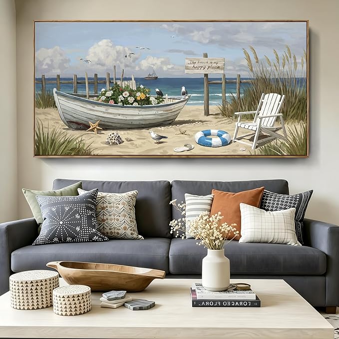 Large Framed Modern Nature Wall Art, Canvas Beach Coastal Landscape Print, Blue Ocean Seaside Decor Painting For Living Room Bedroom Office Dining Room Hallway, Ready To Hang 58X29 Inch