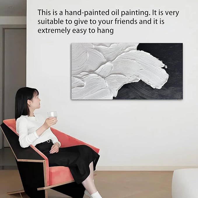 Tarfupth Black and White Abstract Wall Art for Living Room Hand-Painted Large Abstract Wave Oil Paintings Artwork for Bedroom Office Home Decor 29x58 Inch