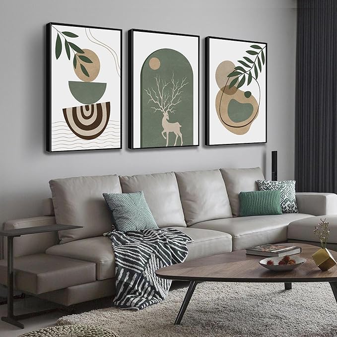 Framed Sage Green Boho Wall Art Set of 3, Minimalist Abstract Geometric Deer & Plant Illustrations, Bohemian Pictures Print Artwork Painting Wall Decor for Living Room Bedroom Home Decoration 24"x36"