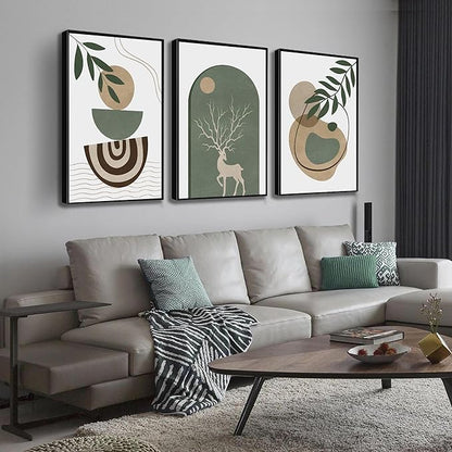Framed Sage Green Boho Wall Art Set of 3, Minimalist Abstract Geometric Deer & Plant Illustrations, Bohemian Pictures Print Artwork Painting Wall Decor for Living Room Bedroom Home Decoration 24"x36"